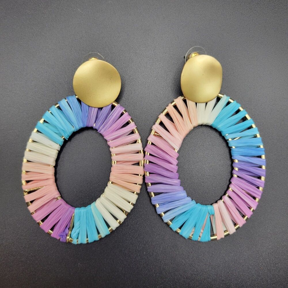 Large Oval Hoop Dangle Women Multicolor Pastel Raffia Straw Bohemian Earrings